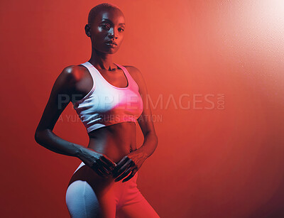 Buy stock photo Black woman, studio and portrait in sports fashion for fitness, exercise and training in neon background. Female person, trendsetter and confident with mockup space for workout and sportswear