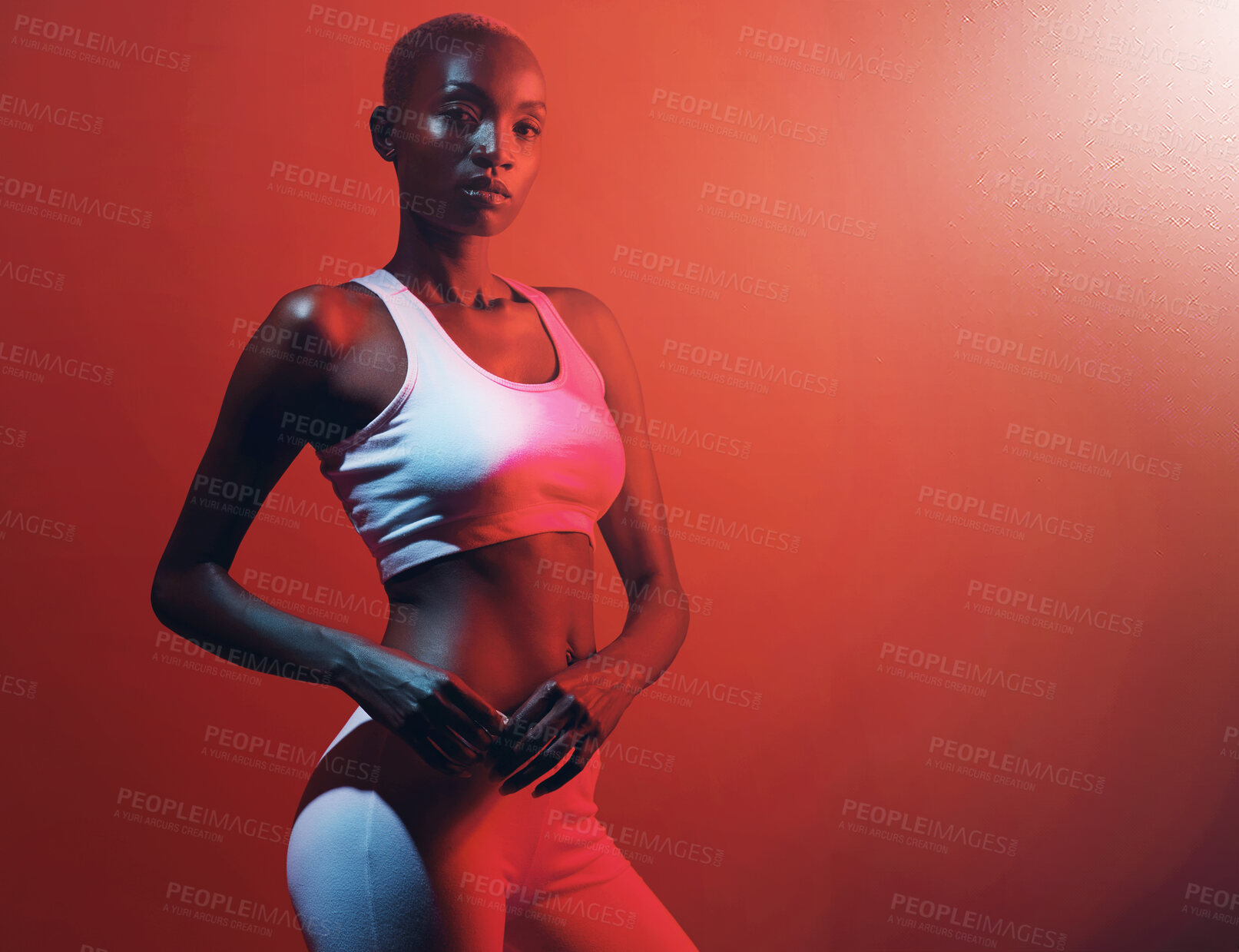 Buy stock photo Black woman, studio and portrait in sports fashion for fitness, exercise and training in neon background. Female person, trendsetter and confident with mockup space for workout and sportswear