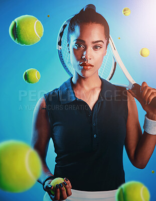 Buy stock photo Balls, portrait and tennis with woman on blue background for exercise, fitness or sports coaching. Racket, ready and serious with athlete player in studio for challenge, competition or performance