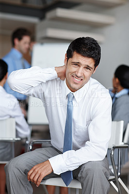 Buy stock photo Business man, portrait and neck pain in office seminar with stress and anxiety from joint inflammation. Burnout, tired and corporate worker in a finance management workshop with worry and strain
