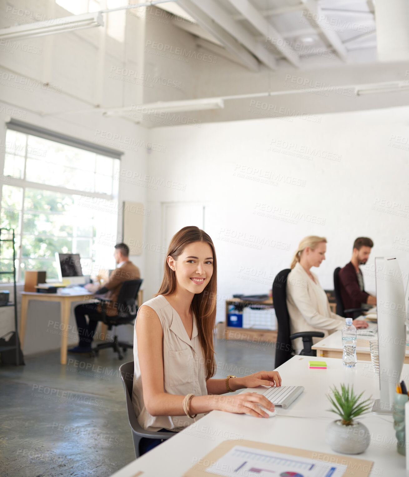 Buy stock photo Businesswoman, writer and portrait in office, working and coworking of colleagues, computer and together. Face, happy and entrepreneur in company, journalist and creative with confidence and table