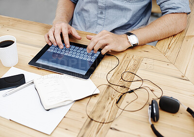 Buy stock photo Hands, man and typing on tablet in office for communication, networking and information of proposal report. Male person, digital and scroll for email, research and agenda notification of feedback