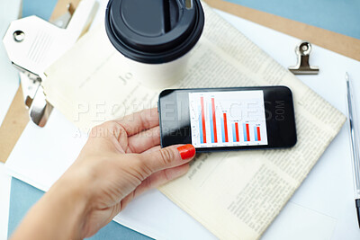 Buy stock photo Phone, top view and closeup of hands with data, newspaper or coffee at startup. Smartphone, screen and woman with financial analysis, graph and chart statistics for information of business analyst