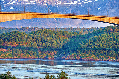 Buy stock photo Lake, bridge or landscape of mountains with natural environment or countryside in Norway. Horizon, calm water or scenic view of Europe in remote area for outdoor travel, holiday and vacation break