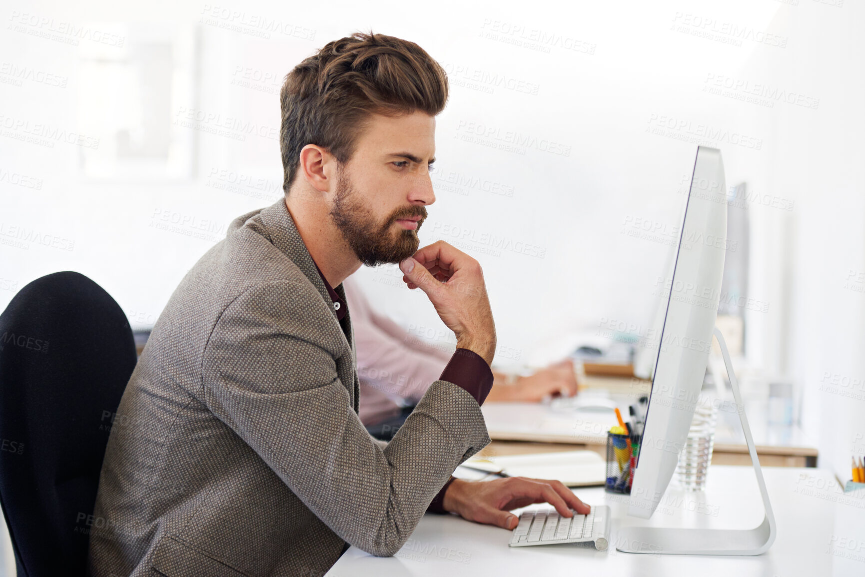 Buy stock photo Businessman, reading and thinking with computer in office for campaign planning, update media contact and task. Public relations employee, online and working on technology for research market trends.