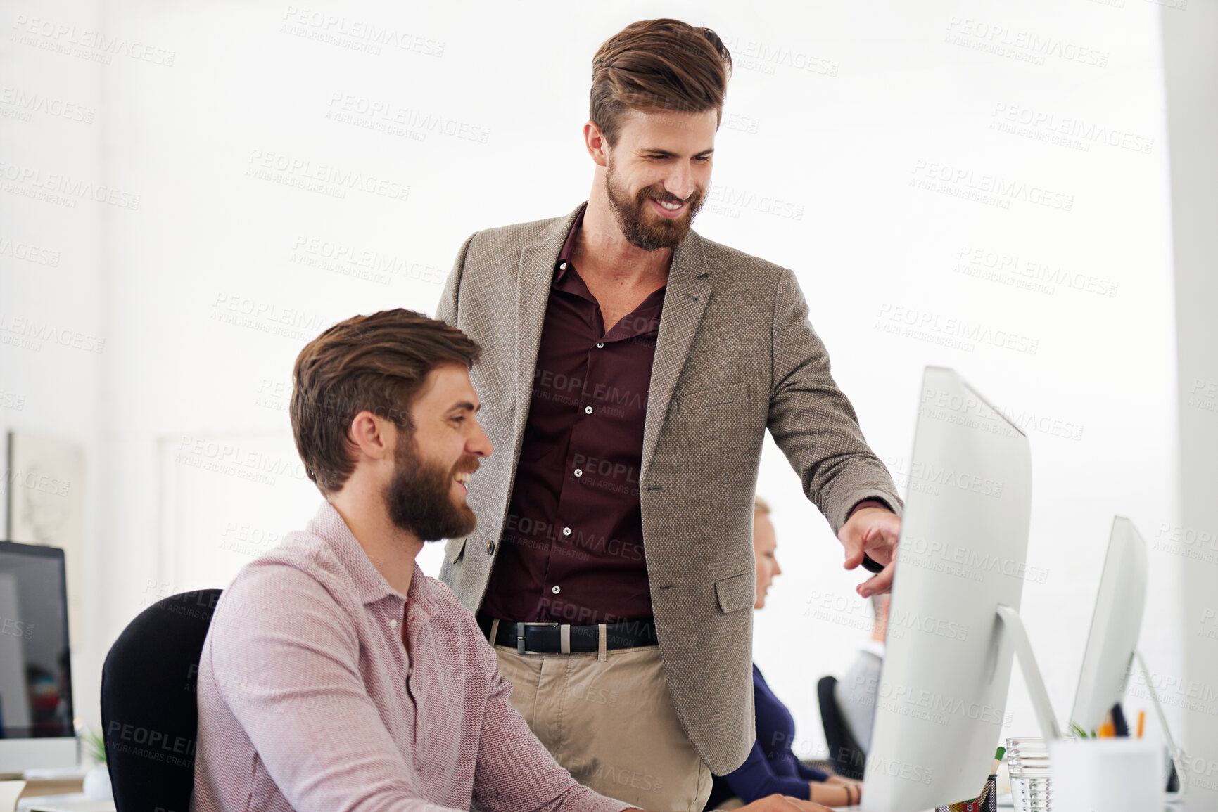 Buy stock photo Businessman, coaching and pointing with computer for assistance, management or advice at office desk. Young man helping employee or intern on technology for software, app or teamwork at workplace