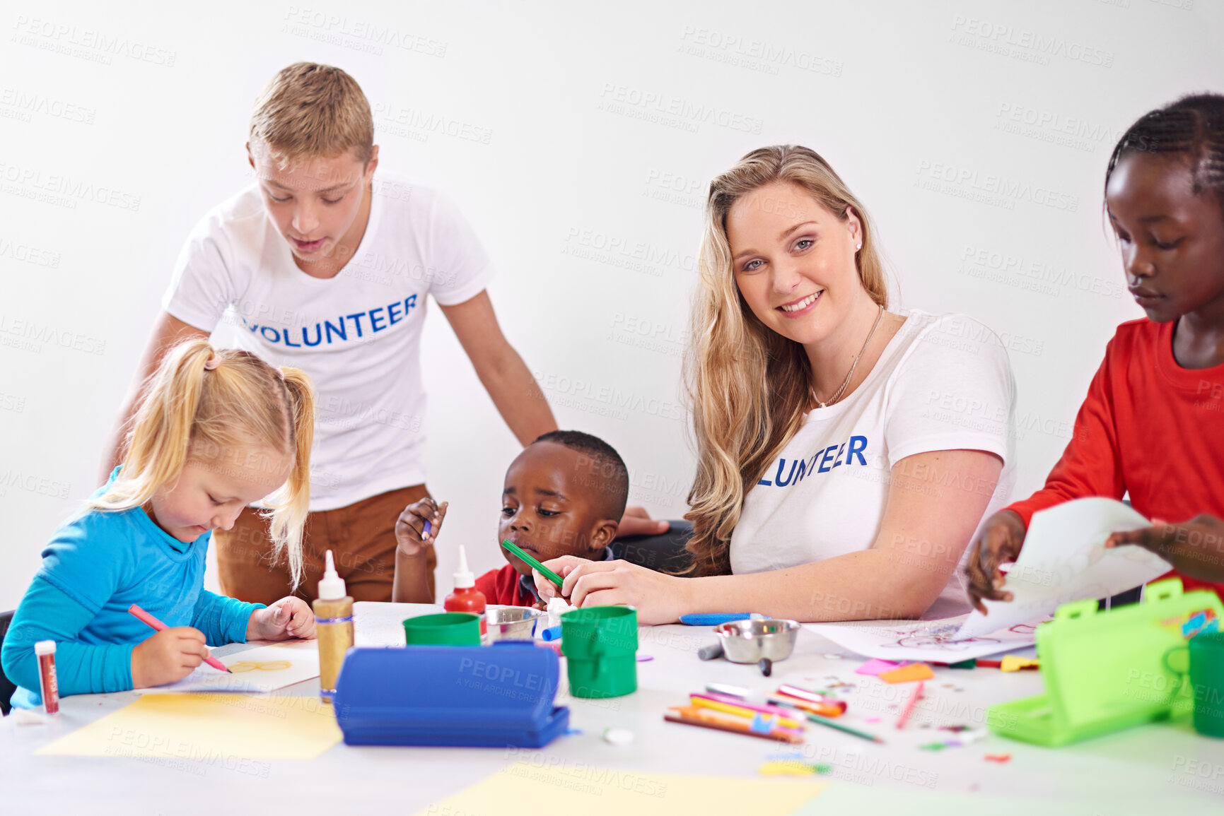 Buy stock photo Teamwork, volunteer and children playing together in daycare or shelter for development, learning and fun. Charity, kids and toys with woman for community service, orphanage and adoption or help