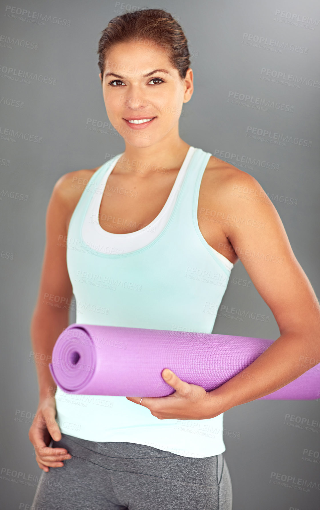 Buy stock photo Woman, portrait and yoga mat on gray background for exercise, wellness and health as morning routine. Female person, face and pilates with smile or happiness for challenge, progress and self care