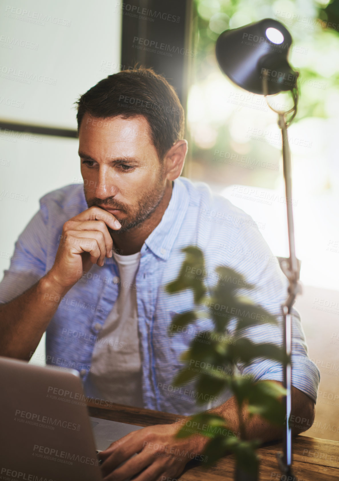 Buy stock photo Man, thinking and computer for remote work in home office with planning website layout, connection and entrepreneur. Male web designer, laptop and thoughts for ux project, creativity and seo stats