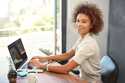 Buy stock photo Laptop, copywriter and smile in home office for research, information or ideas of company social media website. Portrait, business woman and digital for creative campaign, planning and publish review