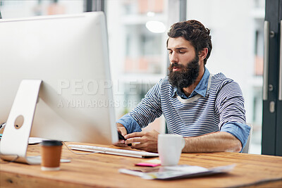 Buy stock photo Office, business and man with computer, smartphone and texting with social media, research or email. Creative agency, employee or consultant with pc, cellphone or thinking for internet or digital app