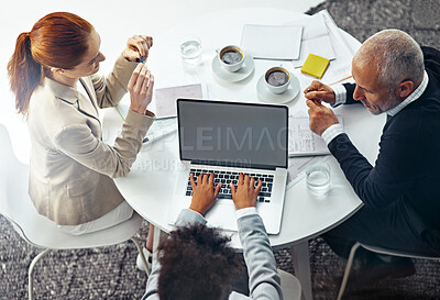 Buy stock photo Teamwork, laptop and corporate people with coffee in workplace for morning, meeting and startup company. Diversity, business and collaboration with technology for research, planning and brainstorming