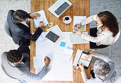 Buy stock photo Above, blueprint and hands of business people in office meeting for partnership, collaboration and planning. Workplace, boardroom or architecture with design, graphic or project by top view as team