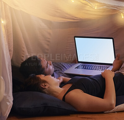 Buy stock photo Laptop screen, relax and couple in bedroom for online streaming, subscription or watching tv show. Mockup, bonding and man lying in bed with woman for entertainment, movie or film in home together