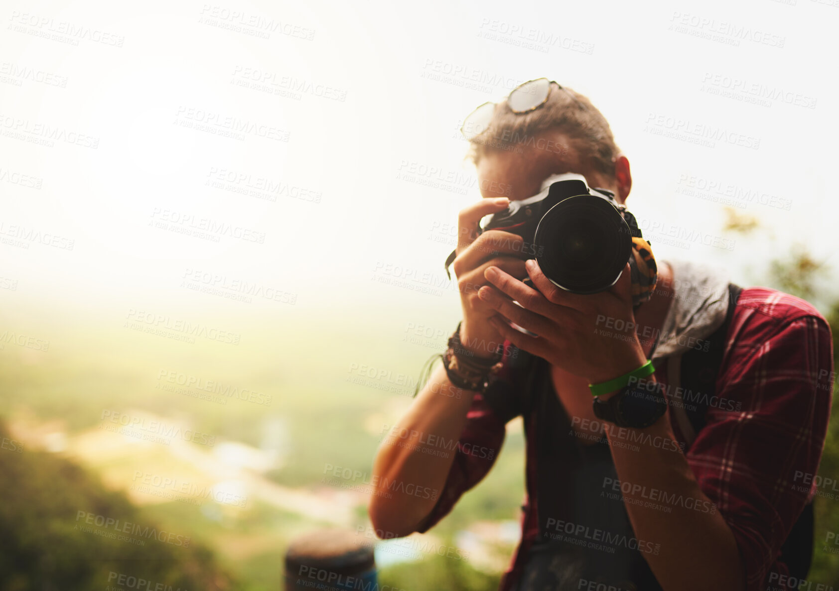 Buy stock photo Man, photography and camera for hiking in nature with adventure, memory or job for eco magazine. Person, journalist and outdoor for photoshoot by mockup space, sky and creative in morning on mountain