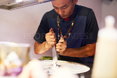 Buy stock photo Vendor, paddle and street food with fruit, ice cream and sweet snack for Thailand market. Small business, entrepreneur and organic produce for nutrition, eating and fresh cuisine in asian road stall