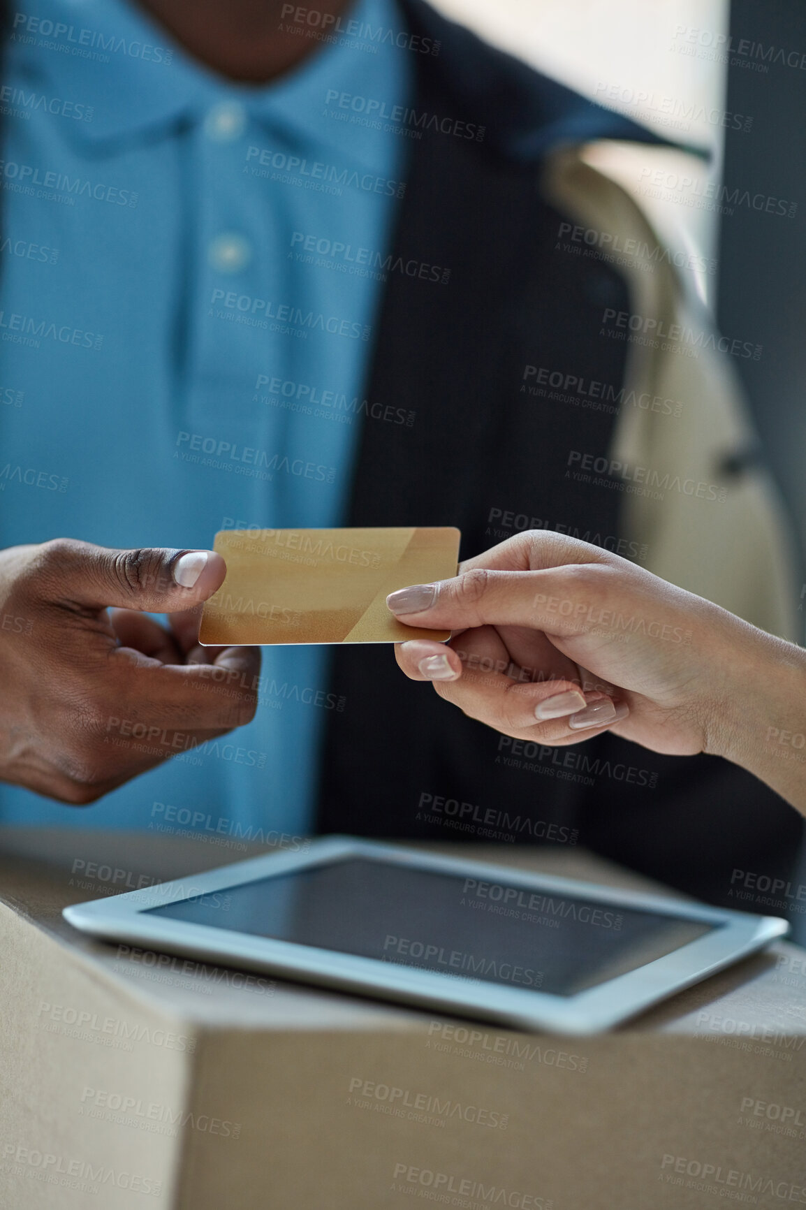 Buy stock photo Credit card, delivery man and hands of person at with tablet, package and online shopping sales or distribution service at door. Ecommerce, courier and customer with box, easy payment and POS at home