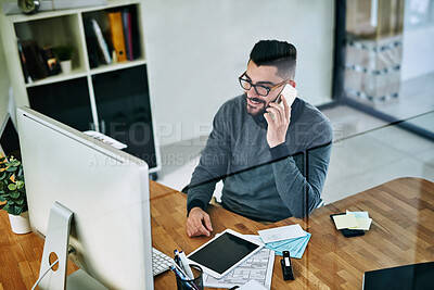 Buy stock photo Businessman, phone call and computer in office for planning, communication and networking. Strategy, technology and consultant in workplace for talking and conversation or advice with client