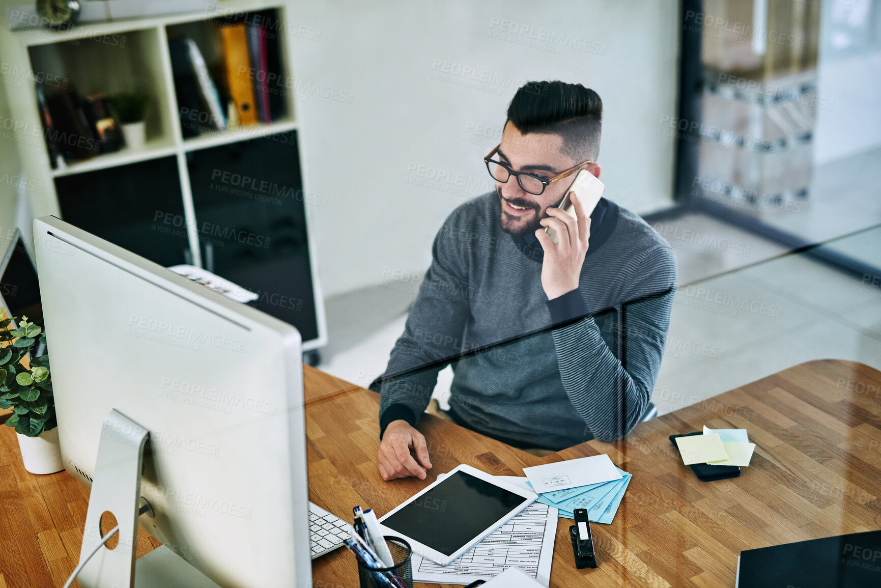 Buy stock photo Businessman, phone call and computer in office for planning, communication and networking. Strategy, technology and consultant in workplace for talking and conversation or advice with client