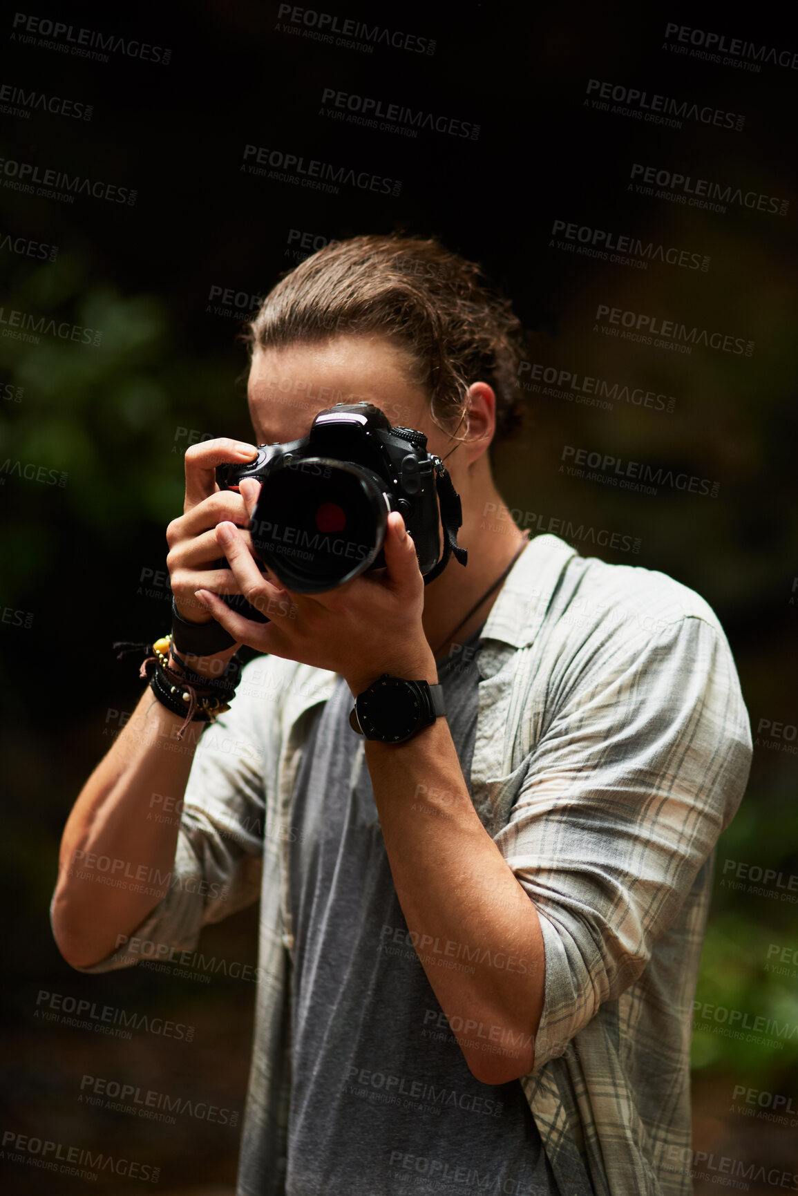 Buy stock photo Man, hobby and capture with camera for photography in Thailand for portfolio, project or magazine. Travel, trip and explore with adventure as photographer or tourist on holiday or vacation for nature