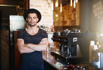 Buy stock photo Portrait, arms crossed and barista man in coffee shop for startup, small business and manager. Male entrepreneur, confidence and waiter in cafe for service industry, hospitality and restaurant owner