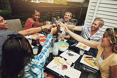 Buy stock photo People, toast and lunch in summer, backyard or happy for food, diversity or celebration on patio. Friends, men and women with drink, alcohol or beer for cheers, success or excited at brunch in garden