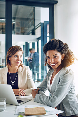 Buy stock photo Business, smile and portrait of women together at desk for research, teamwork and laptop with financial advisor. Strategy, confidence and people in meeting for proposal, office planning and support