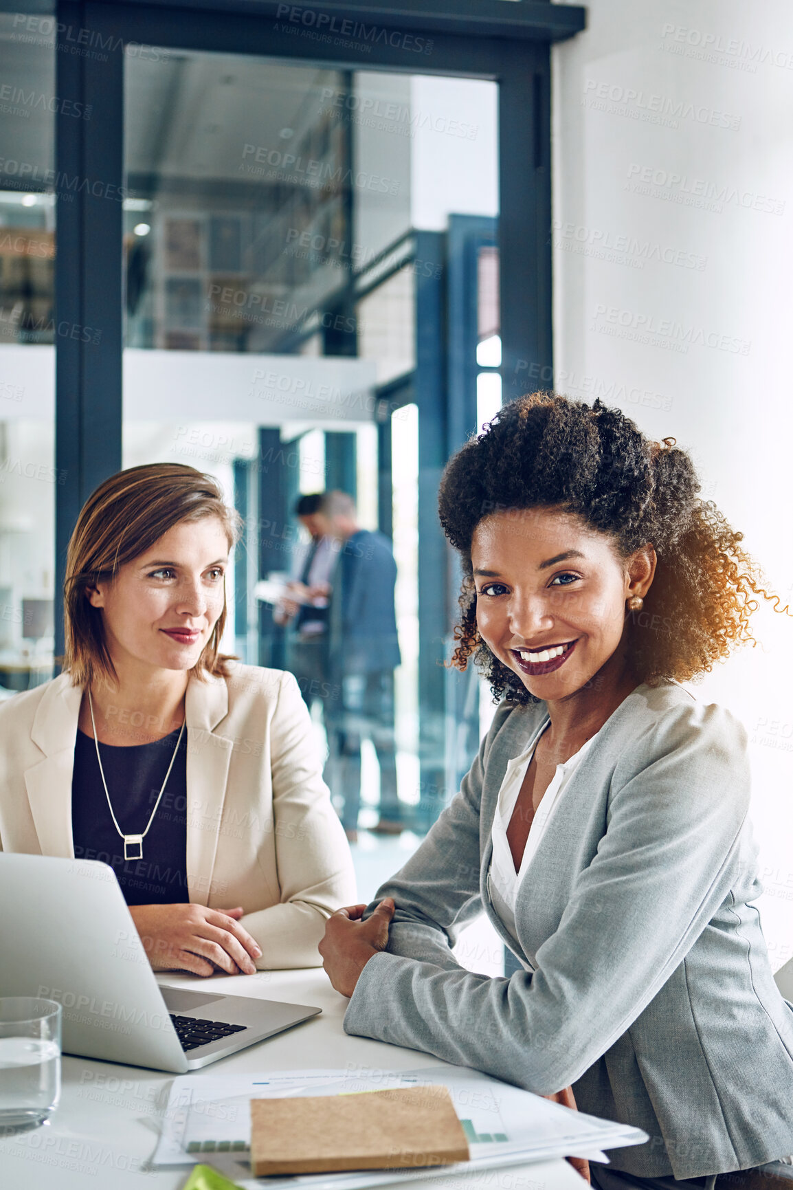 Buy stock photo Business, smile and portrait of women together at desk for research, teamwork and laptop with financial advisor. Strategy, confidence and people in meeting for proposal, office planning and support