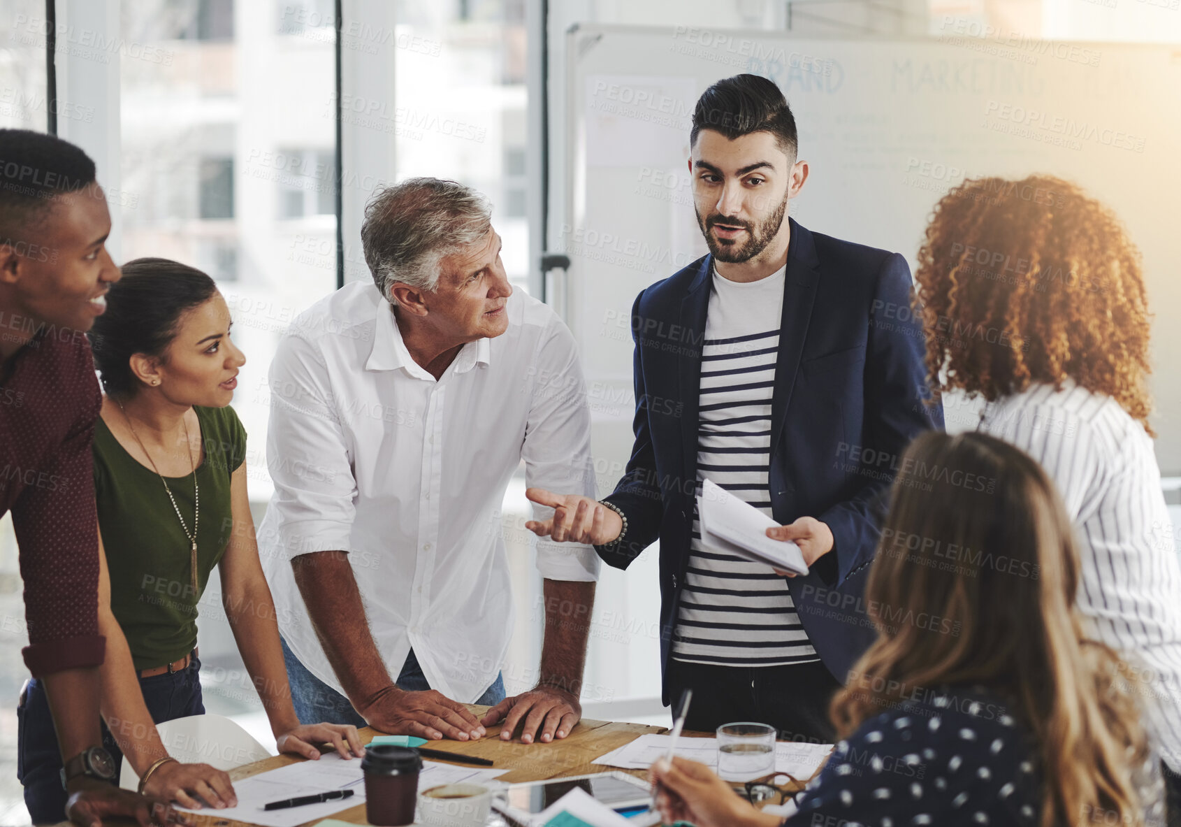 Buy stock photo People, creative and business conversation in office, documents and collaboration together for brainstorming. Planning, company and goals or strategy idea with professionals in meeting with employees