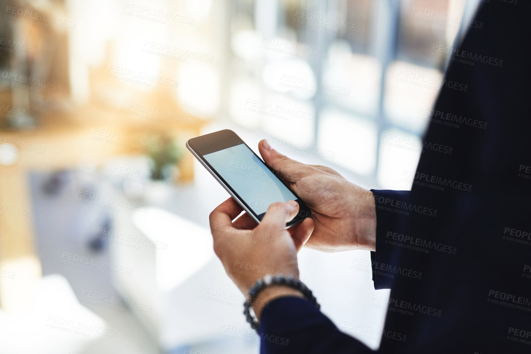 Buy stock photo Phone, man and hands typing in office for communication, networking and information of profit report. Male person, mobile and scroll for email, research and investment of digital finance notification