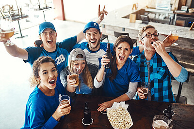 Buy stock photo Sports, fans and portrait of people in pub with beer, win and happy celebration of world cup together. Snacks, games and group of excited friends in bar for watch party, drinks and club competition