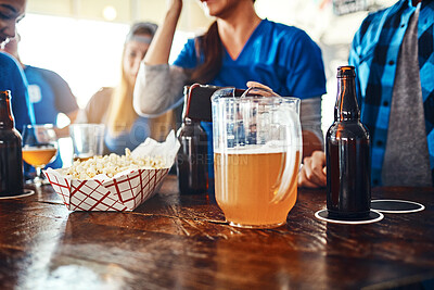 Buy stock photo Sports, table and people in pub with beer, popcorn and celebration of world cup together. Alcohol, game broadcast and group of friends in bar for watch party, drinks and fans at club for happy hour