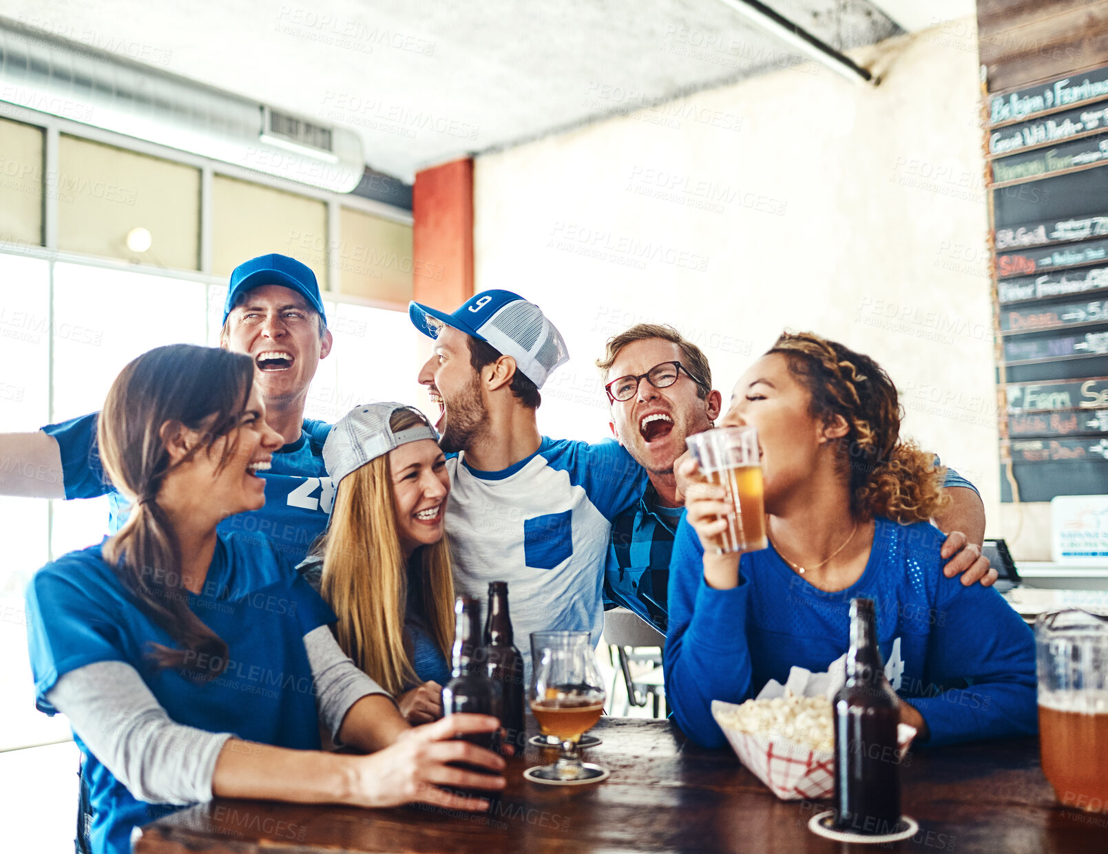 Buy stock photo Sports, fans and happy people in pub with beer, snacks and singing celebration of world cup together. Baseball, games and group of excited friends in bar for watch party, drinks and competition on tv