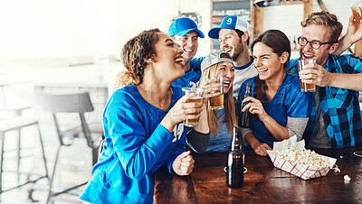 Buy stock photo Sports, fans and happy people in pub with cheers, solidarity and beer at broadcast of world cup together. Baseball, games and group of excited friends in bar for watch party, drinks and team support