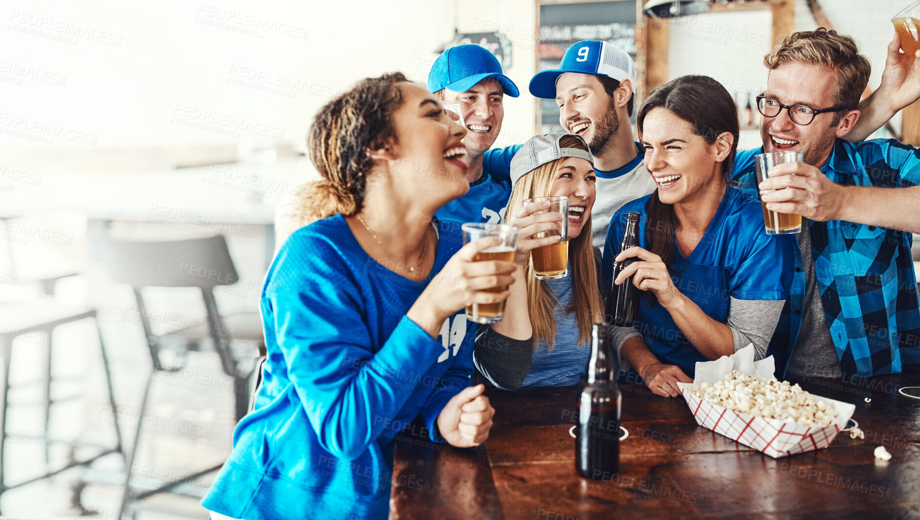 Buy stock photo Sports, fans and happy people in pub with cheers, solidarity and beer at broadcast of world cup together. Baseball, games and group of excited friends in bar for watch party, drinks and team support