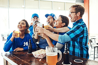 Buy stock photo Sports, cheers and people in pub with solidarity, tv and beer at broadcast of world cup together. Baseball fans, games and group of excited friends in bar for watch party, drinks and team support