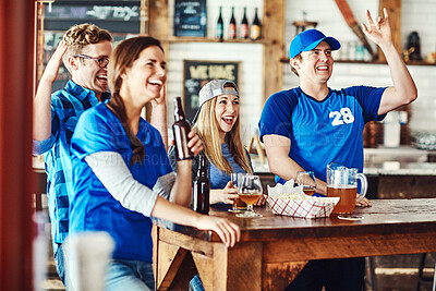 Buy stock photo Sports, celebration and friends in pub with beer, television and fans at broadcast of world cup together. Baseball, games and group of excited people in bar for watch party, drinks and team support