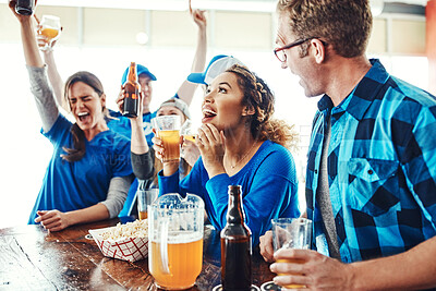 Buy stock photo Sports, men and women in bar with celebration, solidarity and fans with beer at broadcast of world cup. Baseball supporter, game and group of excited friends in pub for watch party, drinks and fun