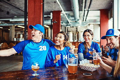 Buy stock photo Sports, fans and excited friends in pub with solidarity, television and beer at broadcast of world cup on tv. Baseball, games and group of happy people in bar for watch party, drinks and team support