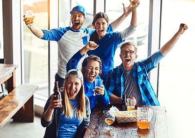 Buy stock photo People, supporters and celebration with alcohol at pub, cheers for victory in sports on television for team. Group, fans and beer for soccer, tournament or match as friends with loyalty in world cup