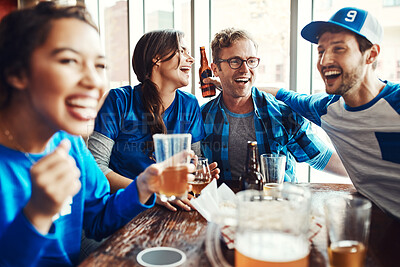 Buy stock photo People, supporters and fans at pub, cheering for victory in sports on television with celebration for goal. Group, team and beer for football, tournament or match as friends with loyalty in world cup