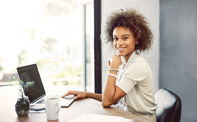 Buy stock photo Portrait, business woman and smile in home office for research, information or ideas of company social media website. Laptop, copywriter and digital for creative campaign, planning and publish review