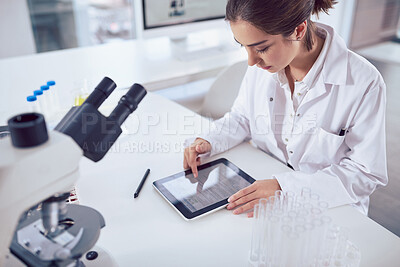 Buy stock photo Tablet, scientist and lab research with woman, writing and pharmacist data of experiment and solution. Medical, employee and technology with study, digital search and pharmaceutical info for project