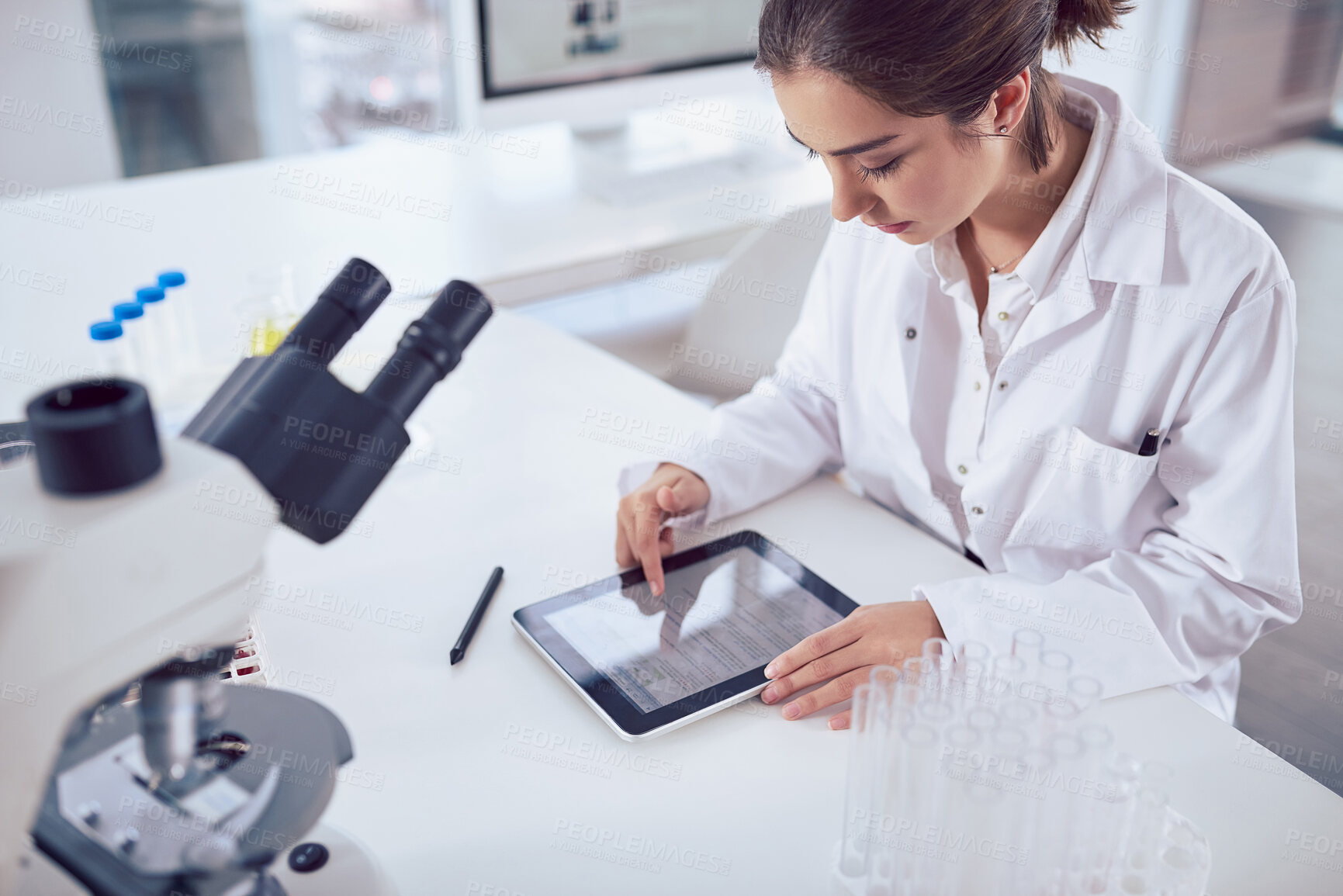 Buy stock photo Tablet, scientist and lab research with woman, writing and pharmacist data of experiment and solution. Medical, employee and technology with study, digital search and pharmaceutical info for project