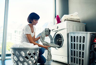 Buy stock photo Washing machine, laundry and woman cleaning clothes in home for hygiene or housekeeping. Chores, dryer and person take fabric in electrical appliance for housework or fresh textile in basket in house