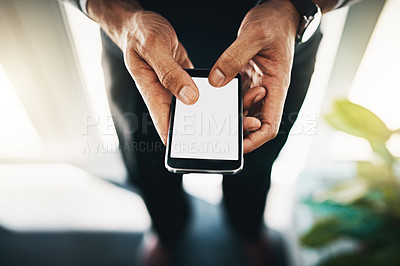 Buy stock photo Screen, hands and typing with cellphone, display and pre approved loan for small business, email and application in website. Online, mockup and person in office and planning for launch of startup