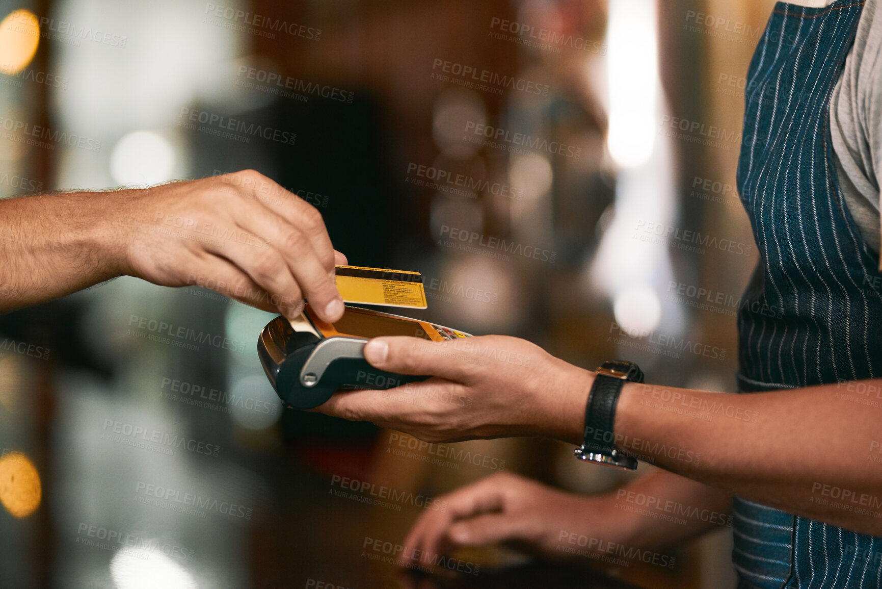 Buy stock photo Credit card, machine and hands of people in coffee shop for wireless payment at pos counter. Sale terminal, bank and cashier with electronic funds transfer device for contactless transaction in cafe.
