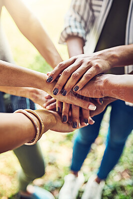 Buy stock photo Hands, together and stack for team building with people outdoor, support and solidarity in nature. Community, mission and partnership, trust and commitment with loyalty, group huddle and agreement