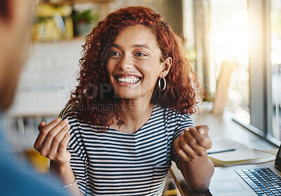 Buy stock photo Smile, talking and woman in coffee shop with laptop for freelance creative project. Happy, discussion and female copywriter with computer for research in conversation with friend at cafe in Brazil.