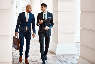 Buy stock photo Business, men and walking outdoor with discussion, travel and morning with attorney duo for communication. Male lawyers, conversation and corporate professional in city for career in law and justice.